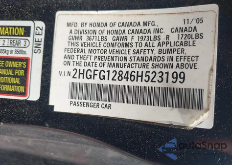 2006 Honda Civic Ex z USA, uszkodzony, nr VIN 2HGFG12846H523199